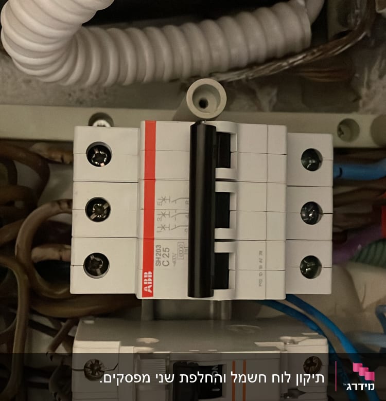 לוח חשמל עם מפסקים וחוטי חשמל צבעוניים